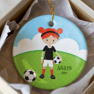 Niedlich Red Head Girl Soccer Personalisierte Weih Keramik Ornament