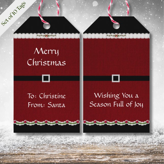 Niedlich Red Holiday Santa Anzug Frohe Weihnachten Geschenkanhänger (Finish your holiday wrapping with this cute, double-sided Santa Belt Gift Tag!)