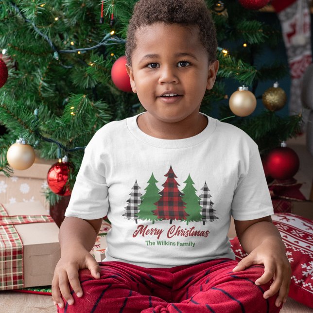 Niedlich Red Kariert Merry Christmas Trees Custom Kleinkind T-shirt (Von Creator hochgeladen)