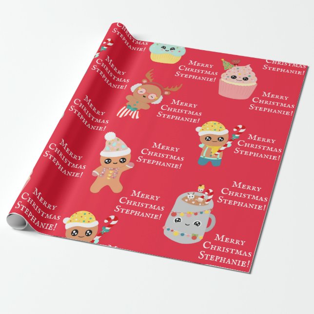 Niedlich Red Kawaii Weihnachtskids Name hinzufügen Geschenkpapier (Ungerollt)