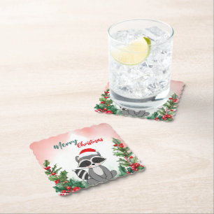 Niedlich Red Merry Christmas Raccoon Weihnachten W Untersetzer