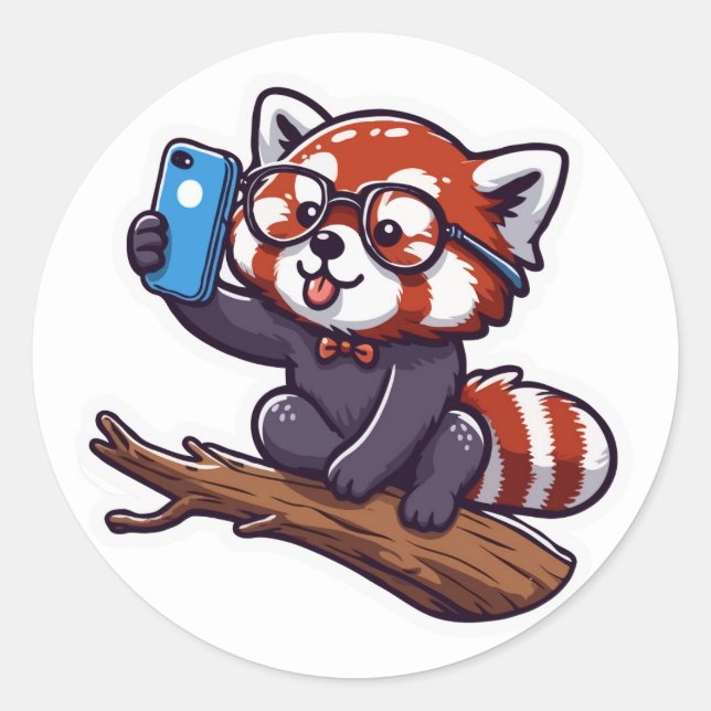 Niedlich Red Panda Selfie Illustration Runder Aufkleber (Vorderseite)