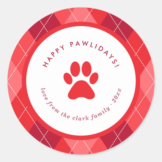 Niedlich Red Paw Print Happy Weihnachten Runder Aufkleber (Vorderseite)