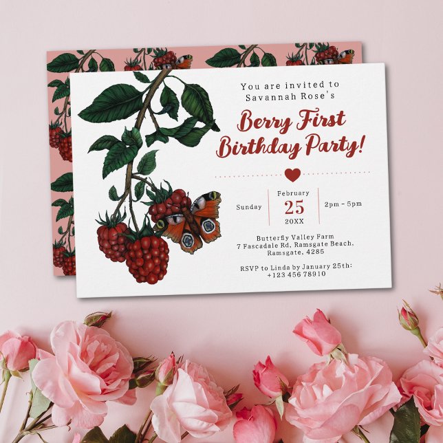 Niedlich Red Raspberry Berry Erster Geburtstag Einladung (Berry first birthday party invitations with a beautiful illustration of a butterfly on a raspberry)