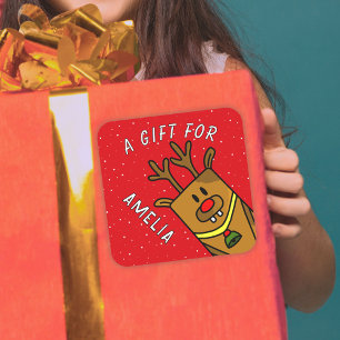 Niedlich Red Reindeer Kid`s Name Weihnachtsgeschen Quadratischer Aufkleber