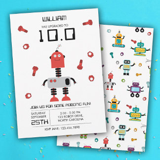 Niedlich Red Robot Theme Kids Roboter Geburtstagsp Einladung