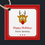 Niedlich Red Rudolph the Reindeer Christmas Gesche Geschenkanhänger<br><div class="desc">Dieses bezaubernde quadratische Tag zeigt einen handgezeichneten Rudolph,  den Rot-Nasenrenner,  umgeben von einem passenden,  leuchtend roten und weißen Diamantenrand. Ihr personalisierter Text,  in einer Kombination aus rotem Skript und dunkelbraunem Blockstil,  beendet dieses Design. Diese sind perfekt,  um Ihre Geschenkverpackung zu akzentuieren.</div>