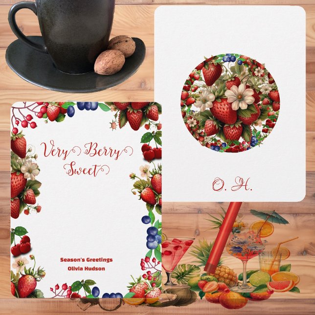 Niedlich Red Strawberry Blue Berry Sweet Modern Sc Mitteilungskarte (Cute Red Strawberry Blue Berry Sweet Modern Script Note Card)