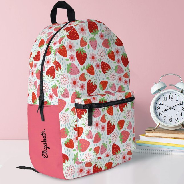 Niedlich Red Strawberry Girls School Bedruckter Rucksack (A cute Strawberry pattern decorates this school backpack. Personalize it with your name. )