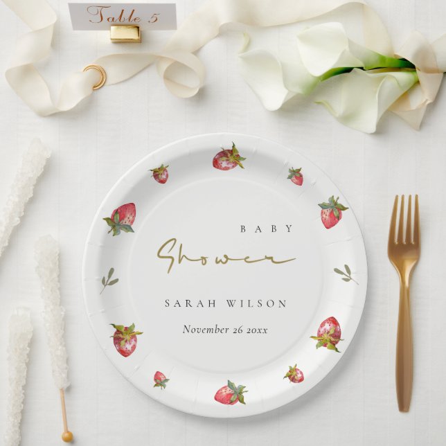 Niedlich Red Strawberry Leafy Botanical Baby Dusch Pappteller (Hochzeit)