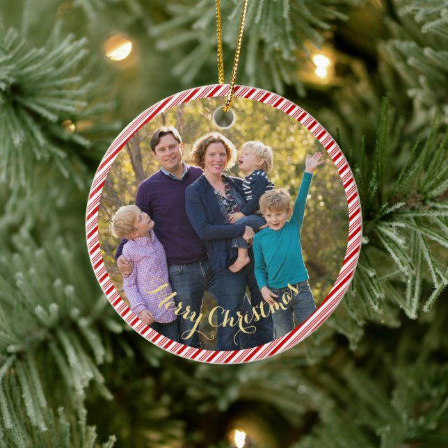 Niedlich Red White Candy Cane Stripes Foto Weihnac Keramik Ornament (Baum)