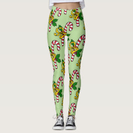 Niedlich Red White Candy Canes Light Green Christm Leggings