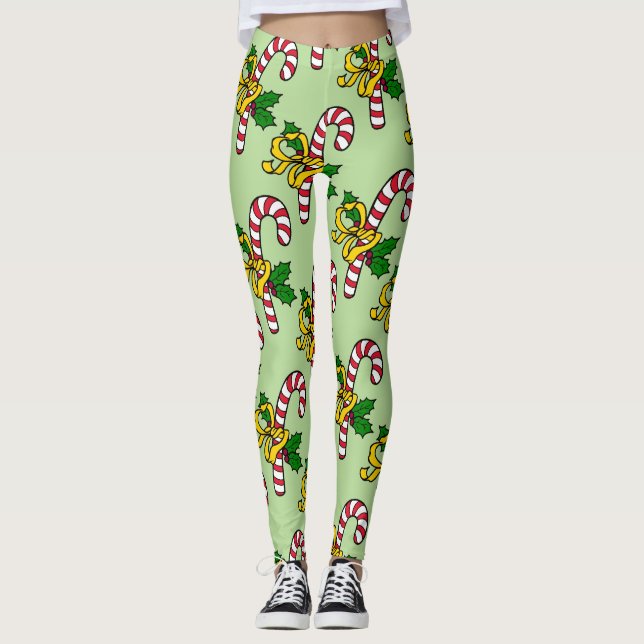 Niedlich Red White Candy Canes Light Green Christm Leggings (Vorderseite)