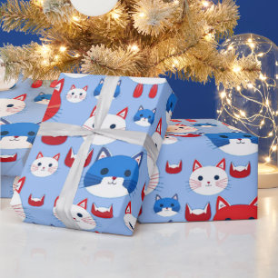 Niedlich Red White Cat Heads Muster Tiere Kinder Geschenkpapier