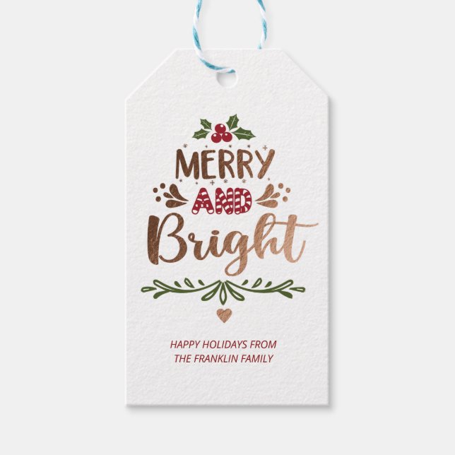 Niedlich Red White Gold Frohe und helle Weihnachte Geschenkanhänger (Vorderseite)