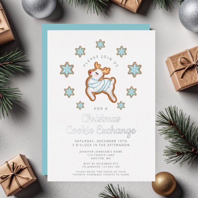 Niedlich Rentier Christmas Cookie Exchange Folieneinladung (Cute Reindeer Christmas Cookie Exchange Foil Invitation)