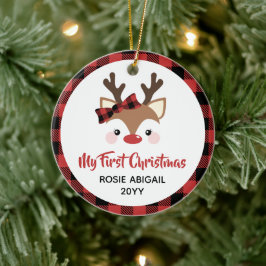 Niedlich Rentier Kariert Bow 1. Weihnachtsbaby Fot Keramik Ornament
