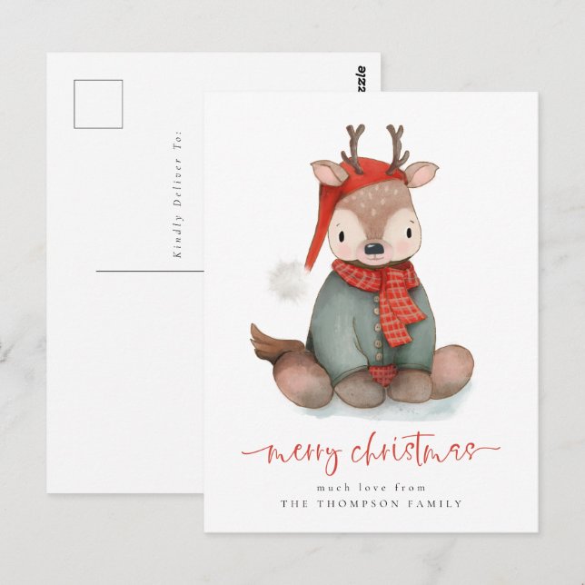 Niedlich Rentier Watercolor Frohe Weihnachtsfeiert Postkarte (Vorne/Hinten)