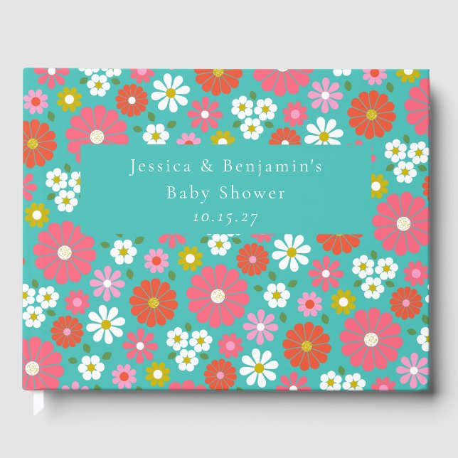 Niedlich Retro 60er Blume Türkis Custom Baby Dusch Gästebuch (Vorderseite)