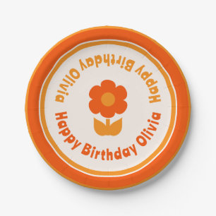 Niedlich Retro 70er Blume Happy Birthday Orange Pappteller