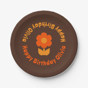 Niedlich Retro 70er Blume Orange Brown Geburtstag Pappteller