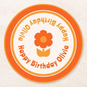 Niedlich Retro 70er Blume Orange Happy Birthday Runder Pappuntersetzer