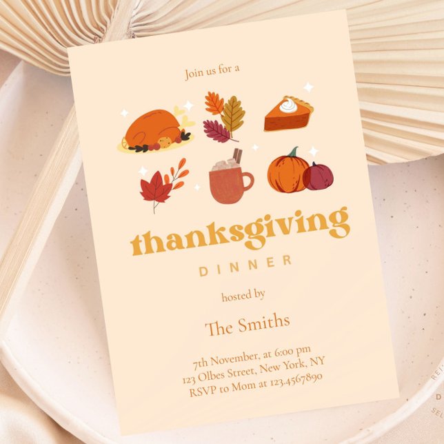 Niedlich Retro Ästhetische Chic Erntedank Dinner Einladung (Thanksgiving Dinner Orange White Pumpkins Peach Invitation)