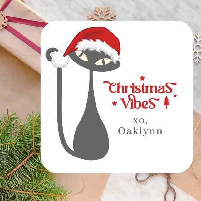 Niedlich Retro AtomBlack Cat Weihnachten Quadratischer Aufkleber (Retro Atomic Cat Sticker)