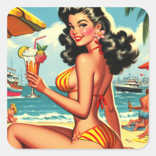 Niedlich Retro Bikini Girl Quadratischer Aufkleber