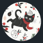 Niedlich Retro Black Cat Christmas Runder Aufkleber<br><div class="desc">Diese niedliche schwarze Katze hat eine tolle Zeit, über Weihnachten zu schampern. Mit einer Weihnachtsmannmütze und einem kräftigen roten Schal, der mit der Yuletide-Dekoration in diesem lustigen Urlaubsaufkleber vielleicht einen angenehmen Unfug hervorruft. Das skurrile Design stammt aus einem Retro-Muster. Die Katzenliebhaber und Tierliebhaber in Ihrer Familie und Ihren Freunden werden...</div>