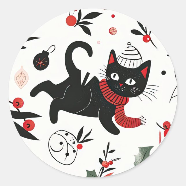 Niedlich Retro Black Cat Christmas Runder Aufkleber (Vorderseite)