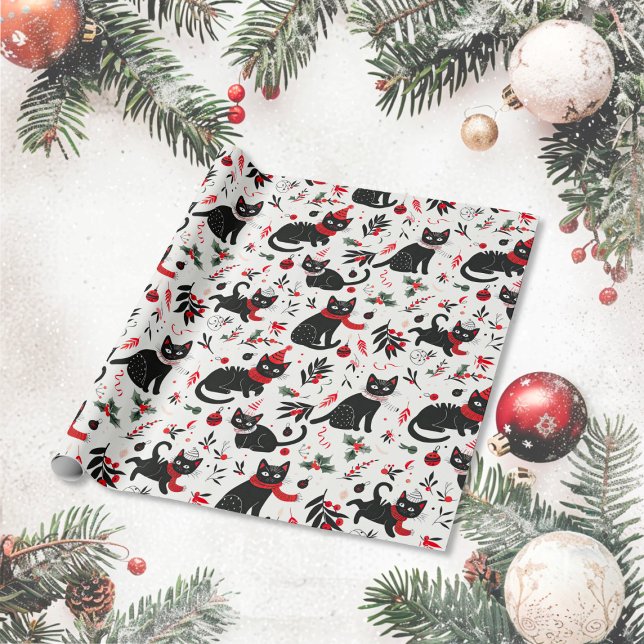 Niedlich Retro Black Cats Weihnachten Geschenkpapier (Cute Black Cats Christmas Wrapping Paper roll)