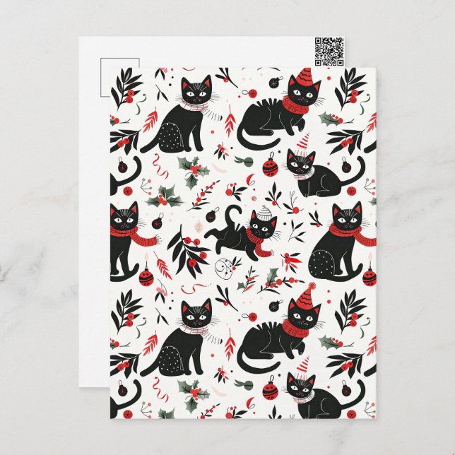 Niedlich Retro Black Cats Weihnachtskarte Feiertagspostkarte (Vorne/Hinten)