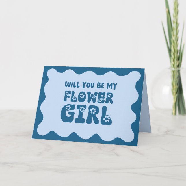 Niedlich Retro Blue Be My Flower Girl Vorschlag Karte (Vorderseite)