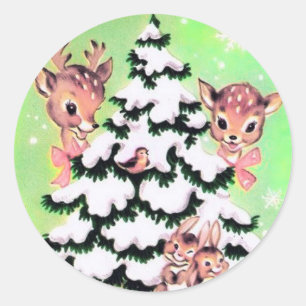 Niedlich Retro Christmas Deer und Bunnies Runder Aufkleber