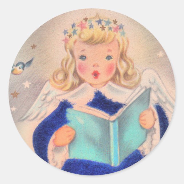Niedlich Retro Christmas Singing Angel Girl Runder Aufkleber (Vorderseite)