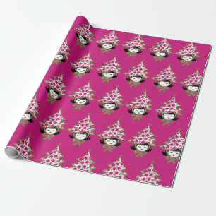 Niedlich Retro Christmas Tree Girl Hot Pink Geschenkpapier