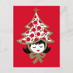 Niedlich Retro Christmas Tree Girl Red Gold Feiertagspostkarte