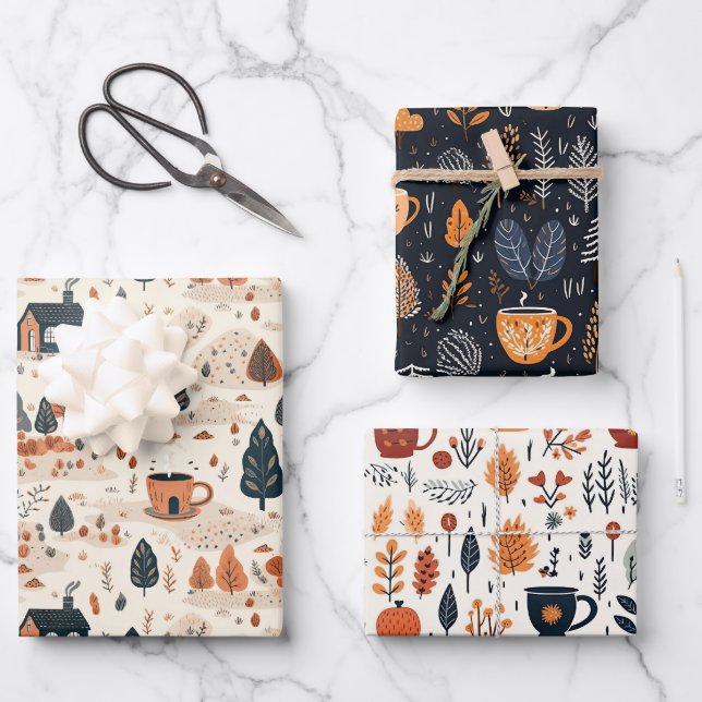 Niedlich Retro Cosy Fall Pattern Geschenkpapier Set (Vorderseite)