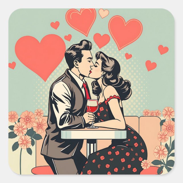 Niedlich Retro Couple Kissing Pop Kunst und Kultur Quadratischer Aufkleber (Vorderseite)
