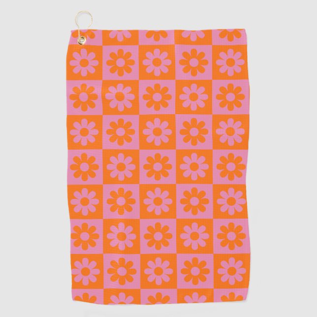Niedlich Retro Daisy Blume überprüft rosa Orange Golfhandtuch (Vorderseite)