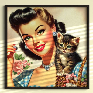 Niedlich Retro Girl and Kitten Poster