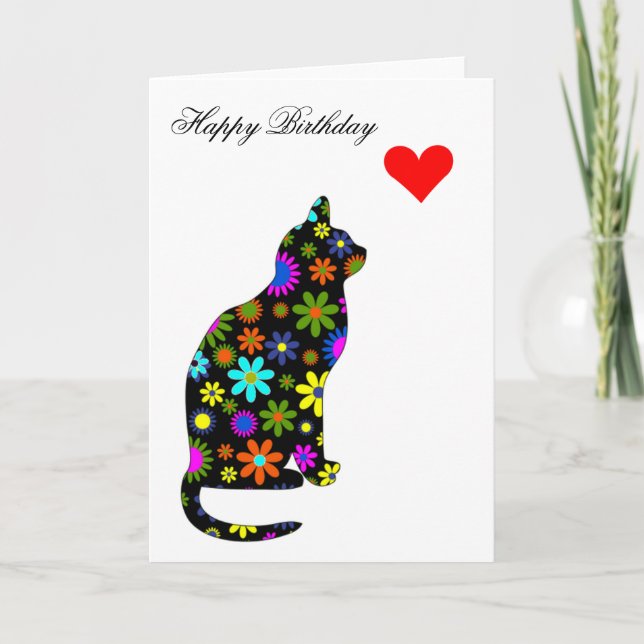 Niedlich Retro Girly Birthday Floral Cat Feline He Karte (Vorderseite)
