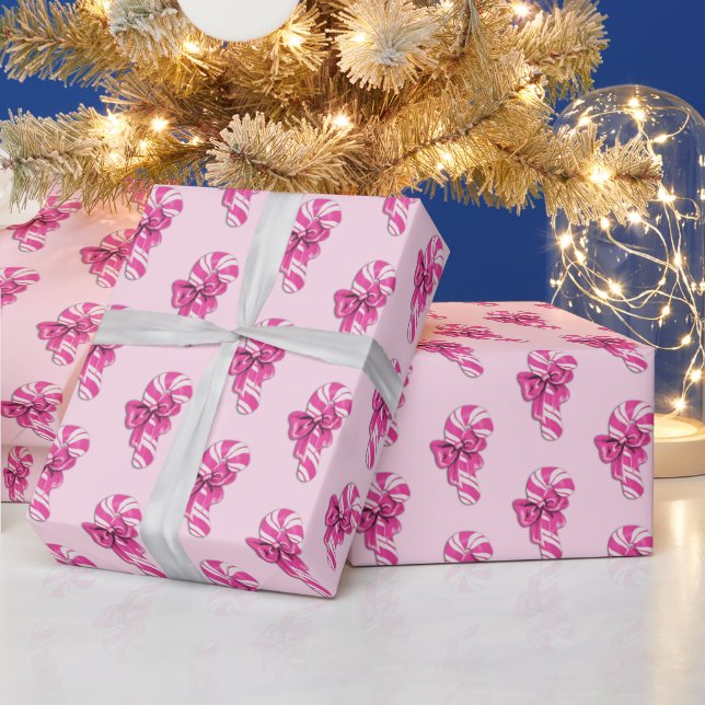 Niedlich Retro Girly Pink Candy Cane mit Bow Geschenkpapier (Feiertage)