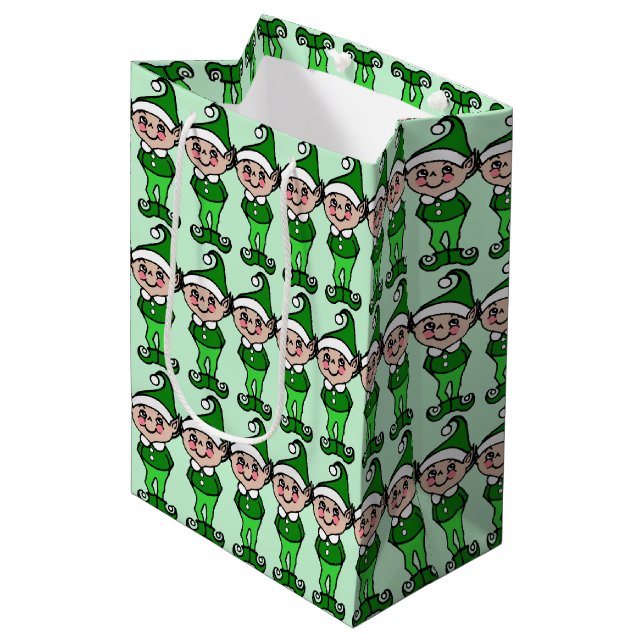 Niedlich Retro Green Christmas Elves Elf Geschenkt Mittlere Geschenktüte (Vorderseite Schrägansicht)
