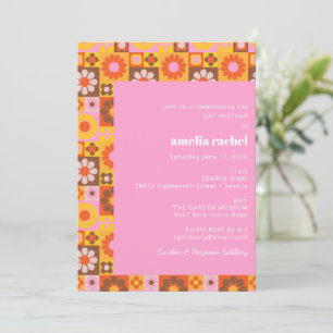 Niedlich Retro Groovy Floral Pink Orange Bat Mitzv Einladung