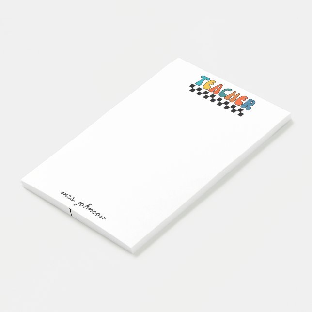 Niedlich Retro Groovy Script Name Teacher Post-it Klebezettel (angewinkelt)