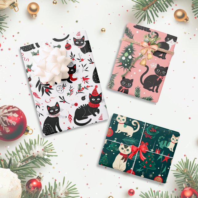 Niedlich Retro Katzenjause Geschenkpapier Set (Cute Retro Cats Christmas Wrapping Paper, set of 3 sheets)