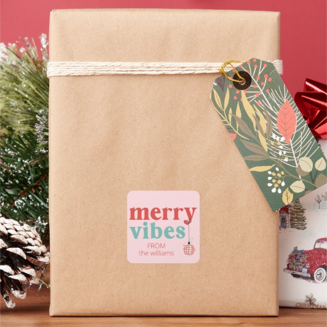 Niedlich Retro Merry Vibes Geschenksticker Quadratischer Aufkleber (Feiertag)