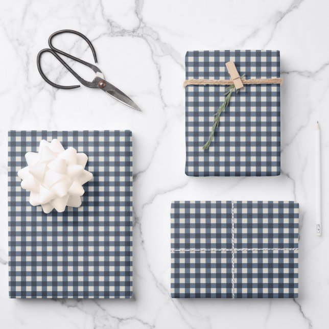 Niedlich Retro Navy Gingham Kariertes Muster Geschenkpapier Set (Vorderseite)